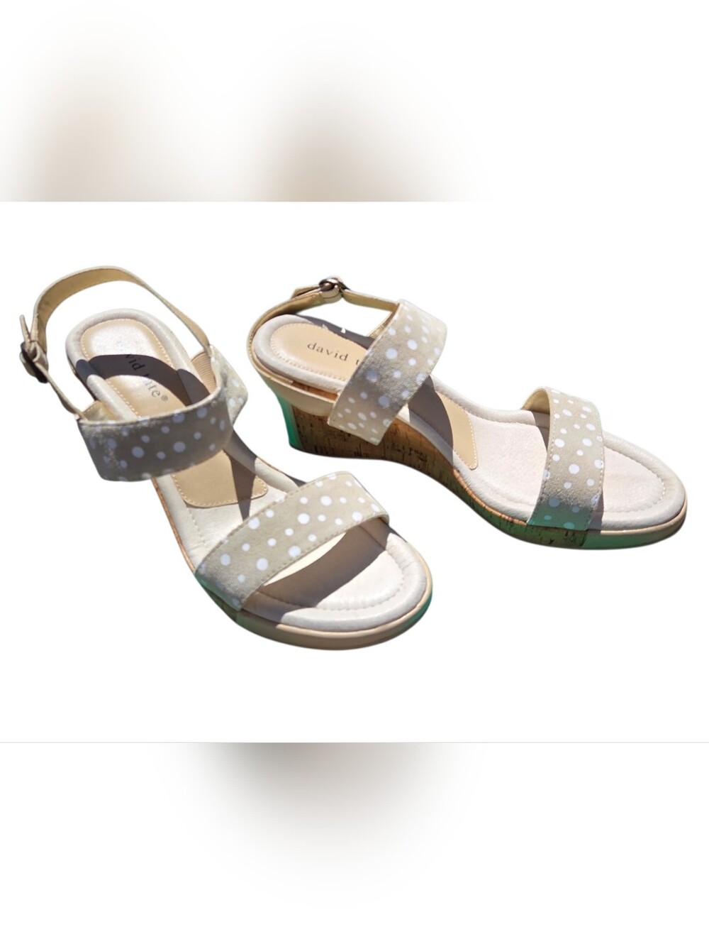 David Tate - NEW Natural Polka Dot Strap Nubuck Sandals w/White Dots 3" Heel
